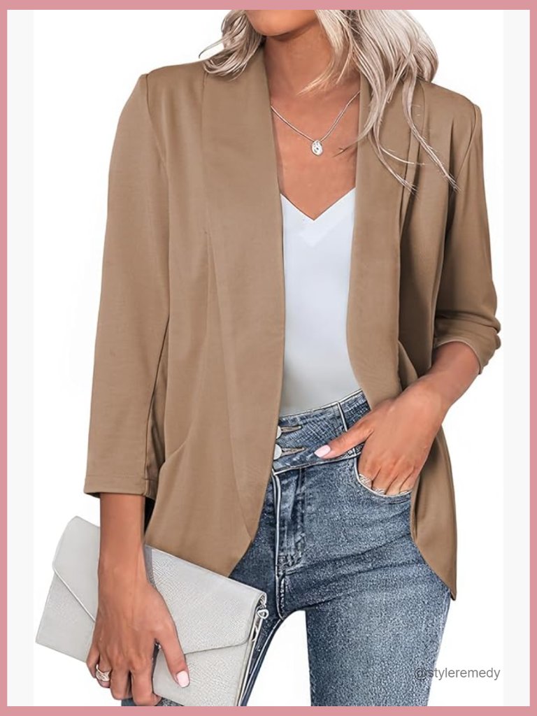 Lightweight Polyester Blazer Open Front Cardigan Jacket 3/4 Sleeve